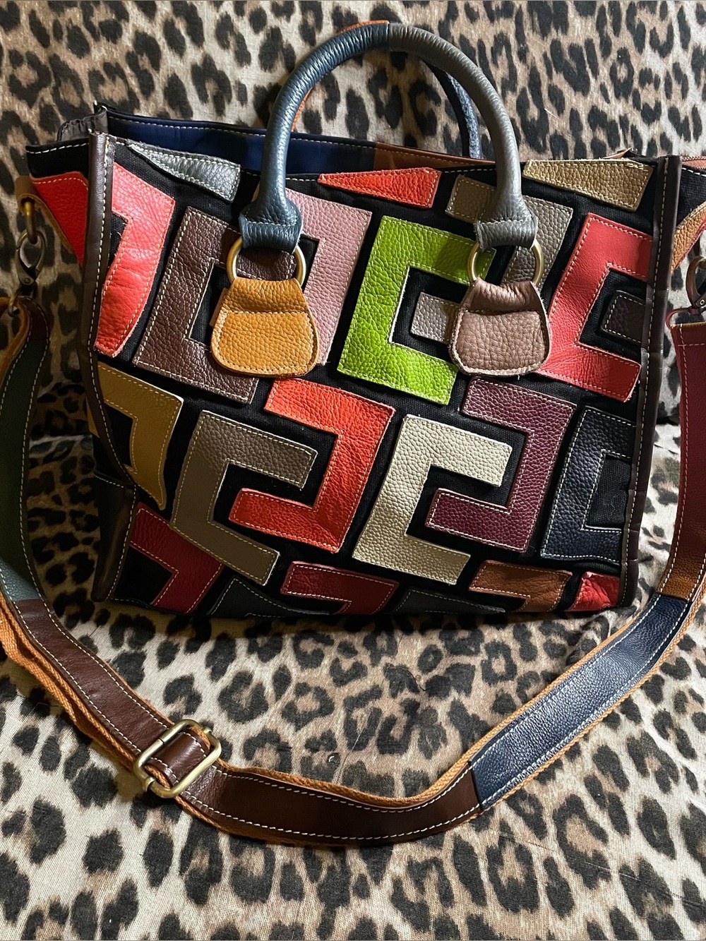Multi colored leather patched handbag